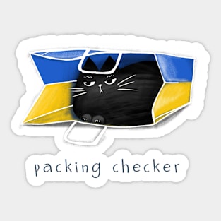 Cartoon black cat in the package and the inscription "Packing Checker". Sticker